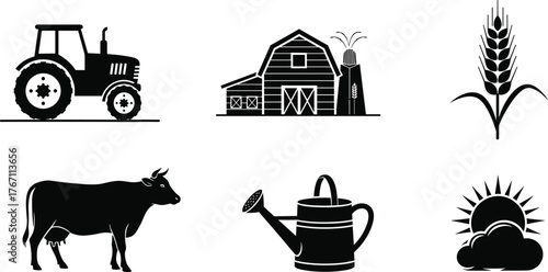 Farming and agriculture icons set with tractor, barn, wheat, cow, watering can, sunrise, and rural farm symbols illustration