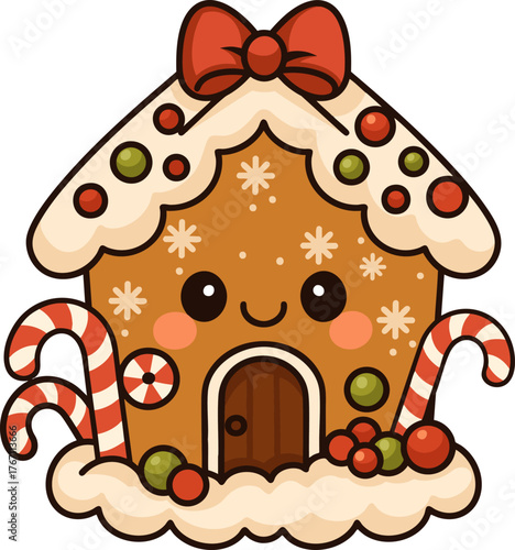 Cute kawaii-style gingerbread house with candy decorations and a smiling face. Perfect for Christmas and holiday designs.