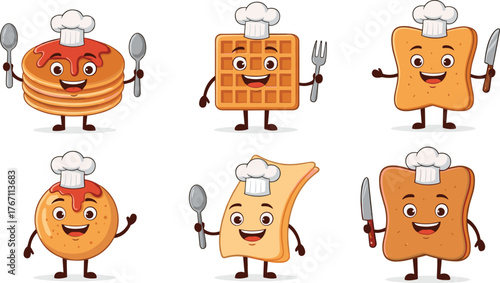 Funny breakfast food characters, cute pancake waffle toast mascots, smiling chef cartoon vector illustration, happy breakfast items, white background, adorable design