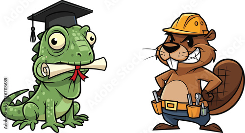 Funny cartoon iguana wearing graduation cap with diploma, smiling beaver construction worker mascot in helmet, adorable animal characters vector illustration