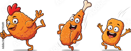 Funny cartoon fried chicken characters, cute nugget and drumstick mascots, crispy snack vector illustration, happy fast food friends, white background