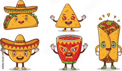 Funny Mexican food characters, taco, burrito, nachos, salsa, sombrero cartoon illustration, cute spicy food vector art, Mexican cuisine concept design