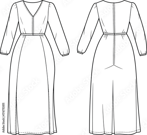 Long sleeve dress flat sketch, women fashion design template, elegant maxi dress front and back view, apparel vector illustration, clothing mockup