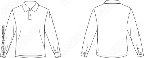 Long sleeve polo shirt technical flat sketch, casual fashion apparel design illustration, front and back view clothing template for designers