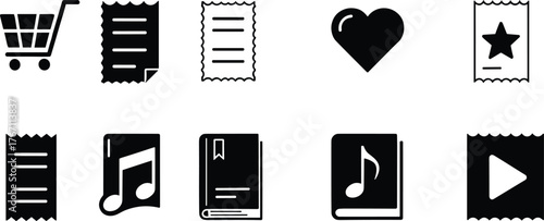 media content icons, shopping and favorite symbols, music and book illustration, receipt and play button design, entertainment concept vector art