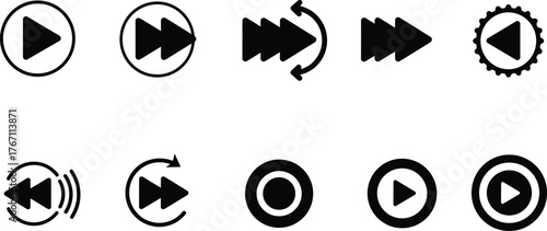 media player icons, play button design, fast forward symbol, audio control vector, video playback interface, multimedia technology concept illustration