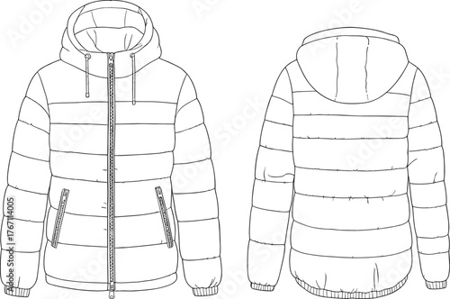 Puffer jacket technical flat sketch, winter hooded coat fashion design illustration, detailed front and back view outerwear apparel template drawing