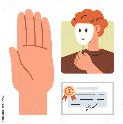Raised hand gesture, person holding a mask, and signed certificate symbolizing honesty, authenticity, and recognition. Ideal for trust, identity, transparency, self-awareness ethics accountability