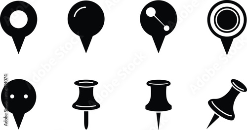 Set of black map location pins and push pin icons collection, navigation markers, GPS pointer symbols, vector design illustration isolated