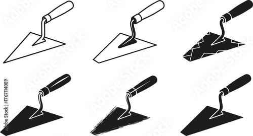 Set of construction trowel icons, black and white masonry tool symbols, plastering, bricklaying, repair and building equipment illustration, isolated vector