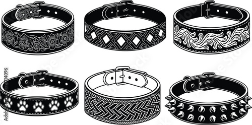 Set of decorative leather dog collars, stylish pet accessories with unique patterns, spiked, floral, and woven designs isolated illustration