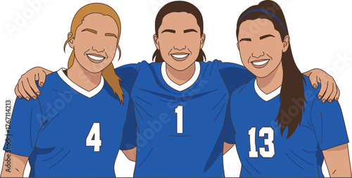 Team victory Three female volleyball players in blue jerseys celebrate with smiles and pride animated portrait