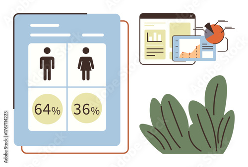 Gender ratio comparison chart, analytics screen with pie and line charts, decorative leaves. Ideal for demographics, data analysis, statistics, reporting, research marketing infographics. Simple