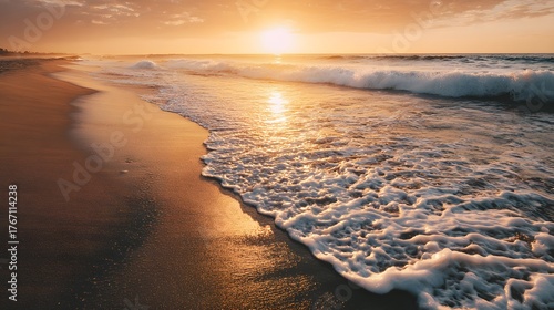 Golden hour light illuminates waves washing onto a dark sand shoreline.