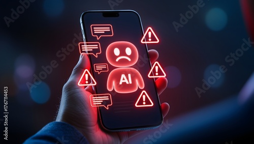 Smartphone displaying AI chatbot error with warning signs and sad robot icon.