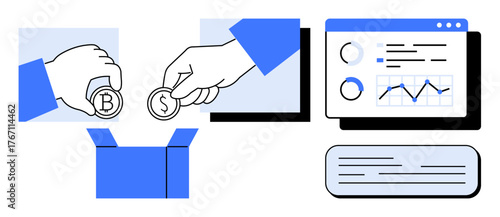 Hands placing coins into a box alongside a screen displaying financial charts and metrics. Ideal for fundraising, charity, finance, crowdfunding, budgeting, analytics, and strategy. A simple flat
