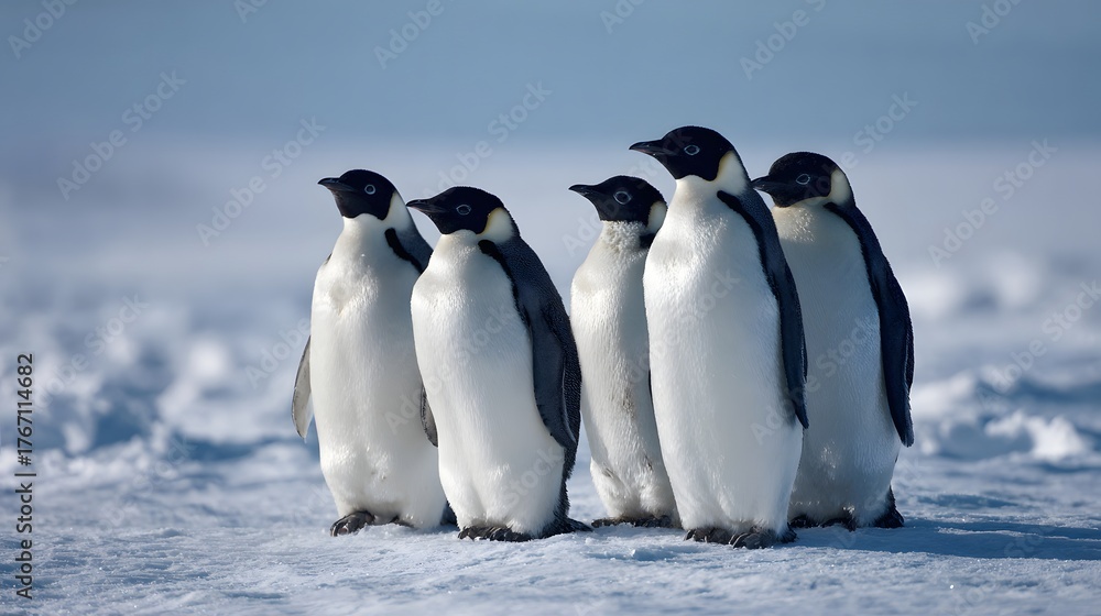Obraz premium Group of emperor penguins standing together on icy Antarctic terrain