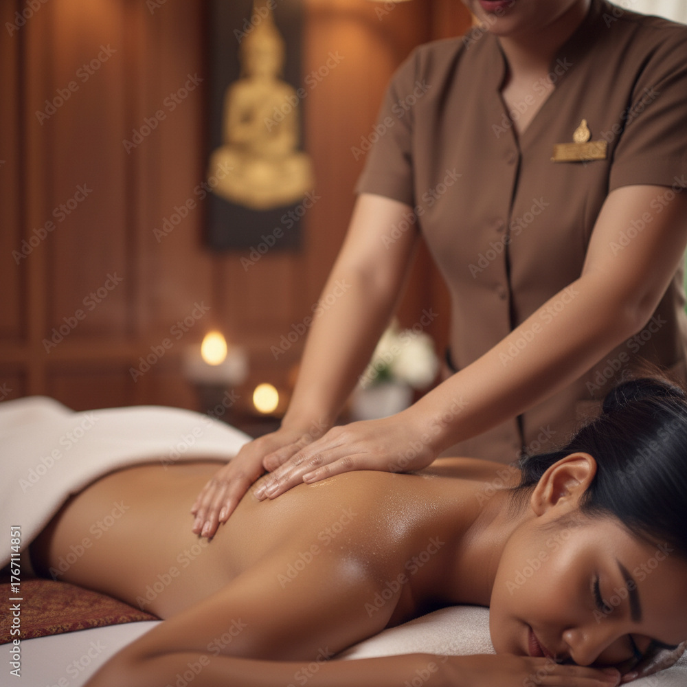 Obraz premium Primer plano de la espalda realizando masaje relax en un elegante salon Spa , belleza, Wellness Spa en Tailandia