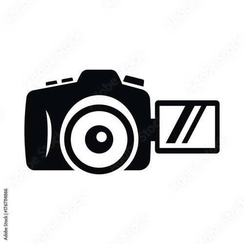 A digital camera icon on a white background, featuring a large lens and a flip-out screen. This icon represents modern photographic equipment suitable for a variety of design applications.