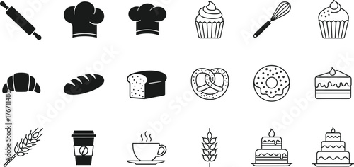 Bakery food icon set, bread, cake, cupcake, coffee, pretzel, donut, chef hat, pastry, dessert, black white illustration