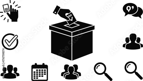 Black and white election icons set with ballot box, vote, people, communication, verification, calendar, and democracy concept design