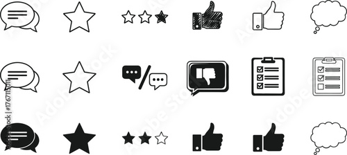 Customer feedback icons set with chat bubbles, star rating, thumbs up, checklist, review and communication symbols for evaluation design