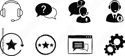 Customer service support icons collection, communication headset, feedback, help desk, chat service, assistance, settings, quality control, online help
