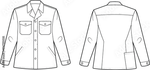 Denim jacket technical flat sketch, front and back view fashion design template, casual outerwear illustration with pockets, apparel vector drawing