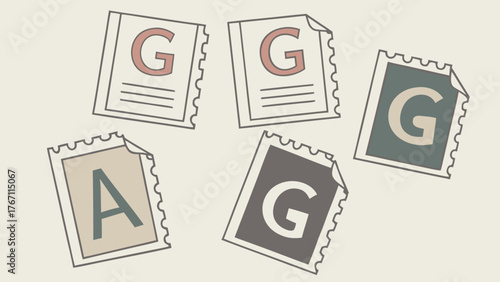 Letter g in vintage style, different colors and patterns on beige background