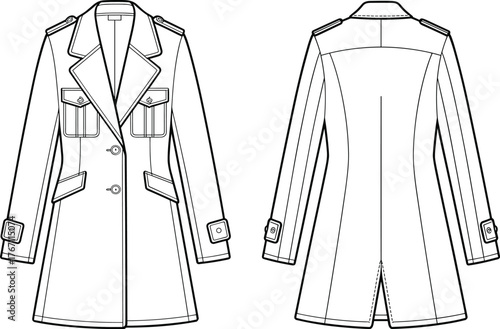 Fashion flat sketch long sleeve trench coat design, vector technical drawing, stylish outerwear template for fashion designers and illustrators