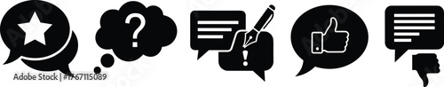 Feedback and communication icons set with star rating, question mark, writing pen, thumbs up, thumbs down, and chat bubbles