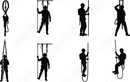 Industrial worker silhouette with safety harness and rope, construction climber man, fall protection training vector illustration for safety design