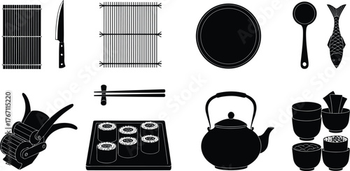 Japanese Cuisine Food Preparation and Serving Icons, Sushi Mat, Knife, Teapot, Chopsticks, Fish, and Bowls Silhouette Vector Graphics Collection