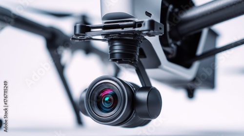Close-up of drone camera and gimbal system, sharp detail on lens and sensors, isolated on white background, suitable for editorial content or drone photography marketing