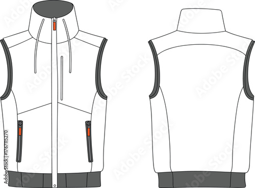 Men sleeveless jacket flat sketch, fashion technical drawing, sporty vest design template, front and back view, apparel vector illustration, clothing mockup