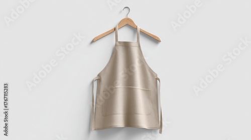 Realistic kitchen apron mockup in neutral beige color hanging on wooden hanger, simple front view, clean folds and fabric texture, isolated on white background