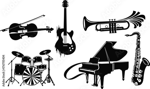Set of musical instrument silhouettes, piano, guitar, violin, saxophone, trumpet, drum kit, black and white music vector illustration