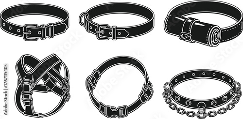 Set of leather dog collars and harnesses, pet training accessories collection, durable buckle and chain design isolated vector illustration
