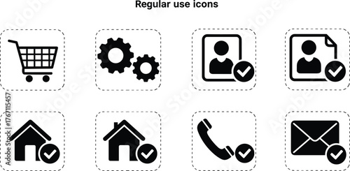 Set of regular use icons for web and app interface, shopping cart, home, contact, user profile, settings, communication