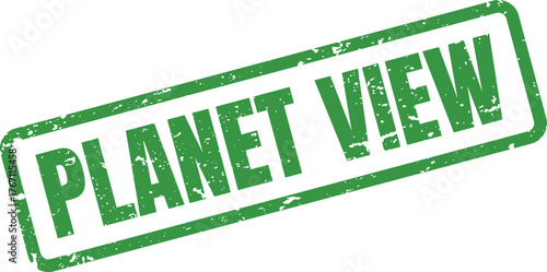 Distressed rectangular green rubber stamp with PLANET VIEW text appearing across its surface