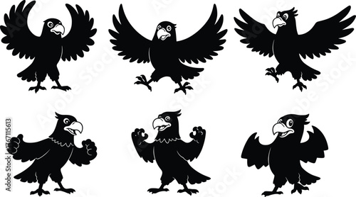 Six cartoon eagle silhouette vector illustration, black flying bird design, fierce predator animal art collection, wildlife mascot graphic set