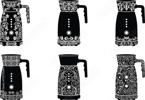 Six ornate electric kettles silhouette vector set, decorative floral pattern design, modern kitchen appliance illustration, black and white style art