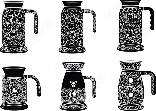 Six ornate electric kettles silhouette vector set, decorative floral swirl pattern, elegant modern kitchen appliance illustration, black and white design