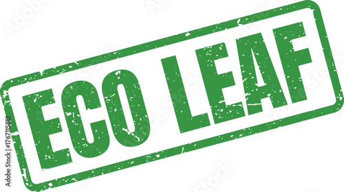 A vibrant green textured rubber stamp featuring the words ECO LEAF for ecological initiatives