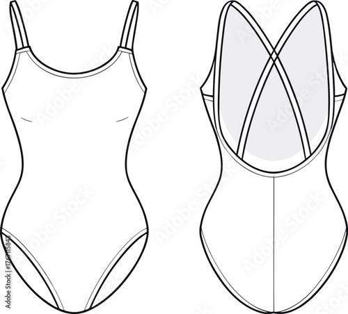 Swimsuit technical sketch, fashion illustration front back view, crisscross straps, scoop neckline, high-cut legs, garment design, apparel template, minimal style