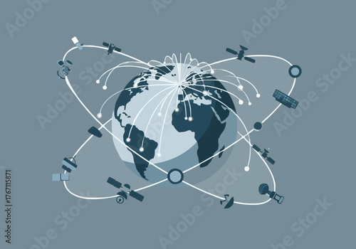 Global satellite network system orbiting the planet Earth illustration.