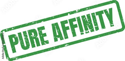 Distressed green rectangular rubber stamp prominently displaying the bold text PURE AFFINITY