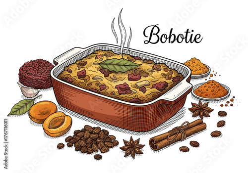 Bobotie traditional baked dish illustration for South African cuisine design and recipe book layout