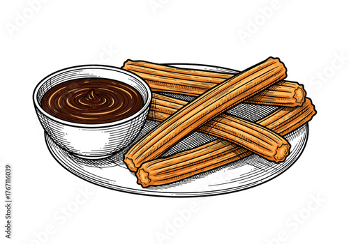 Churros con chocolate sketch for Spanish dessert illustration and cafe branding design