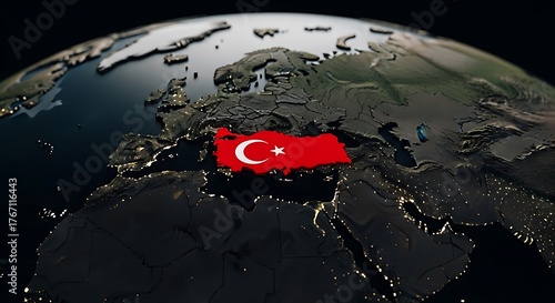 Turkey map flag on globe 3D rendering with cities illuminated at night